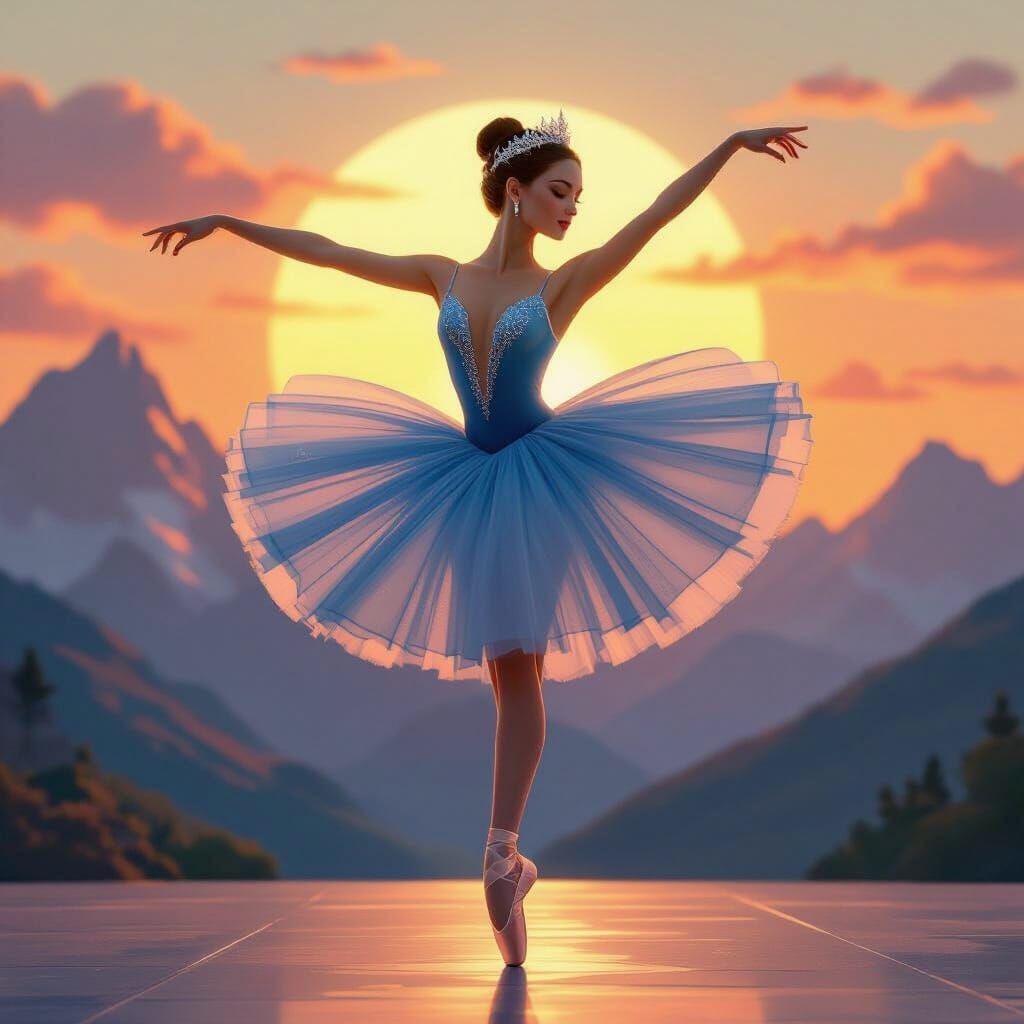  “A graceful ballerina mid-air in a grand jeté pose, wearing a flowing blue ballet dress with shimmering details, a delicate silver tiara on...