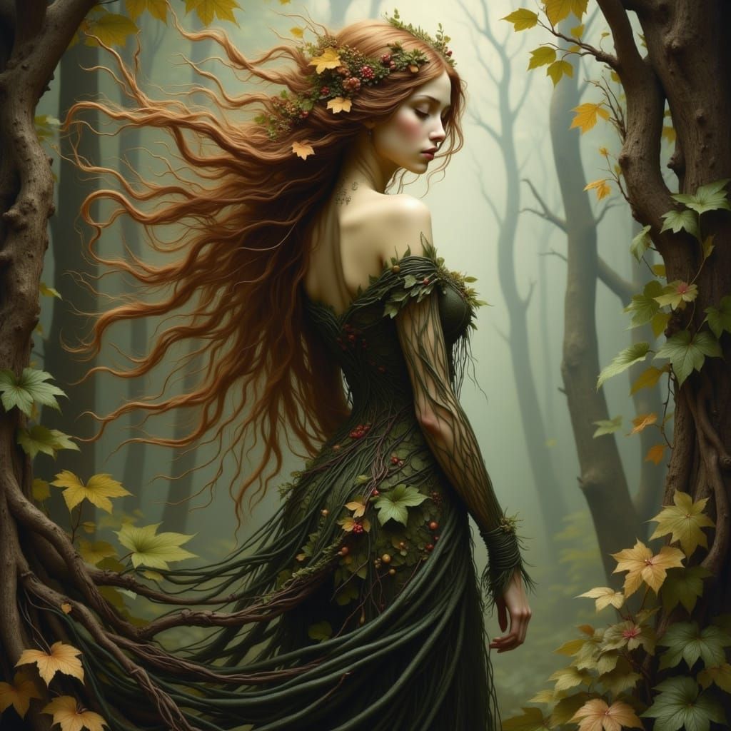Mysterious Woman in Autumn Forest, Pre-Raphaelite Style