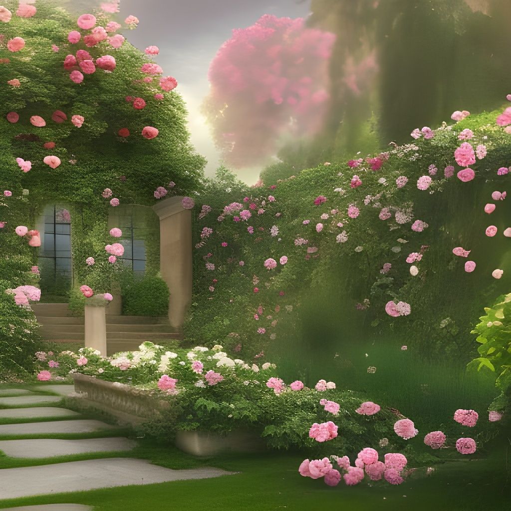 Hyper detailed, French garden, roses, ivy, flowers, 8k resolution - AI