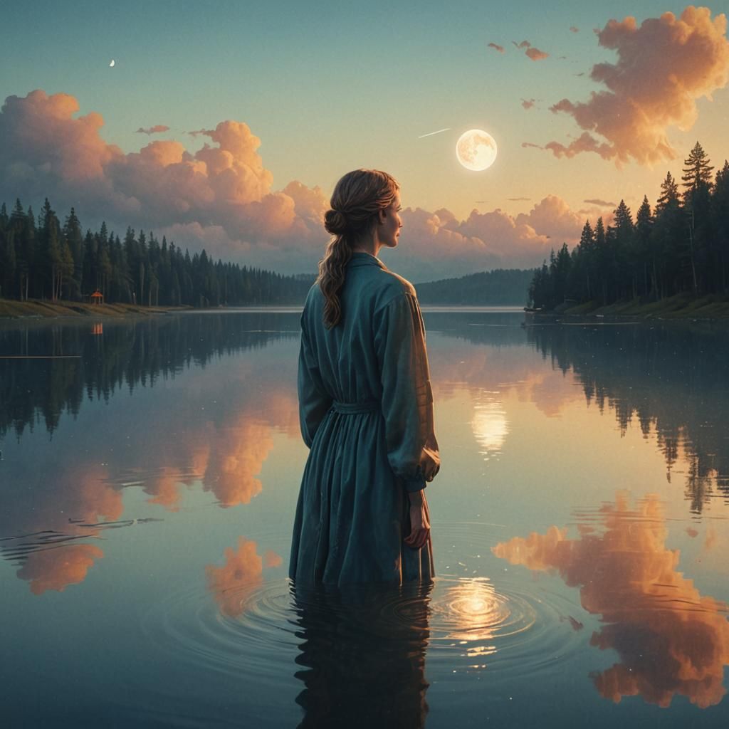 Woman with Glowing Moon on Lake: Digital Matte Painting