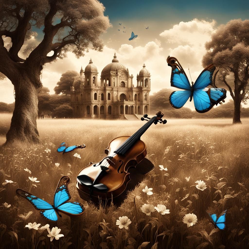 ((sepia)) con un violín ((instrumento musical)) en una prade...