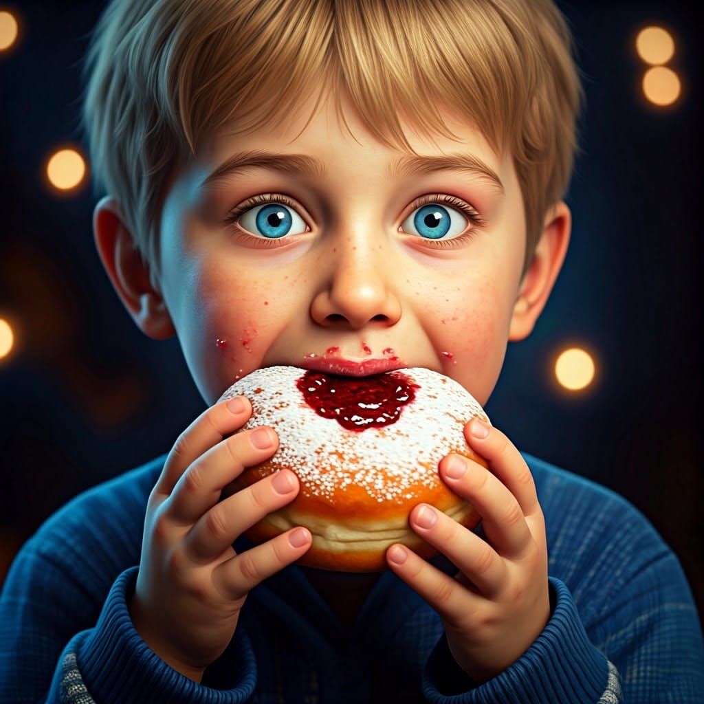 Wonderful Hasidic Boy Savoring Hanukkah Treat with Menorah