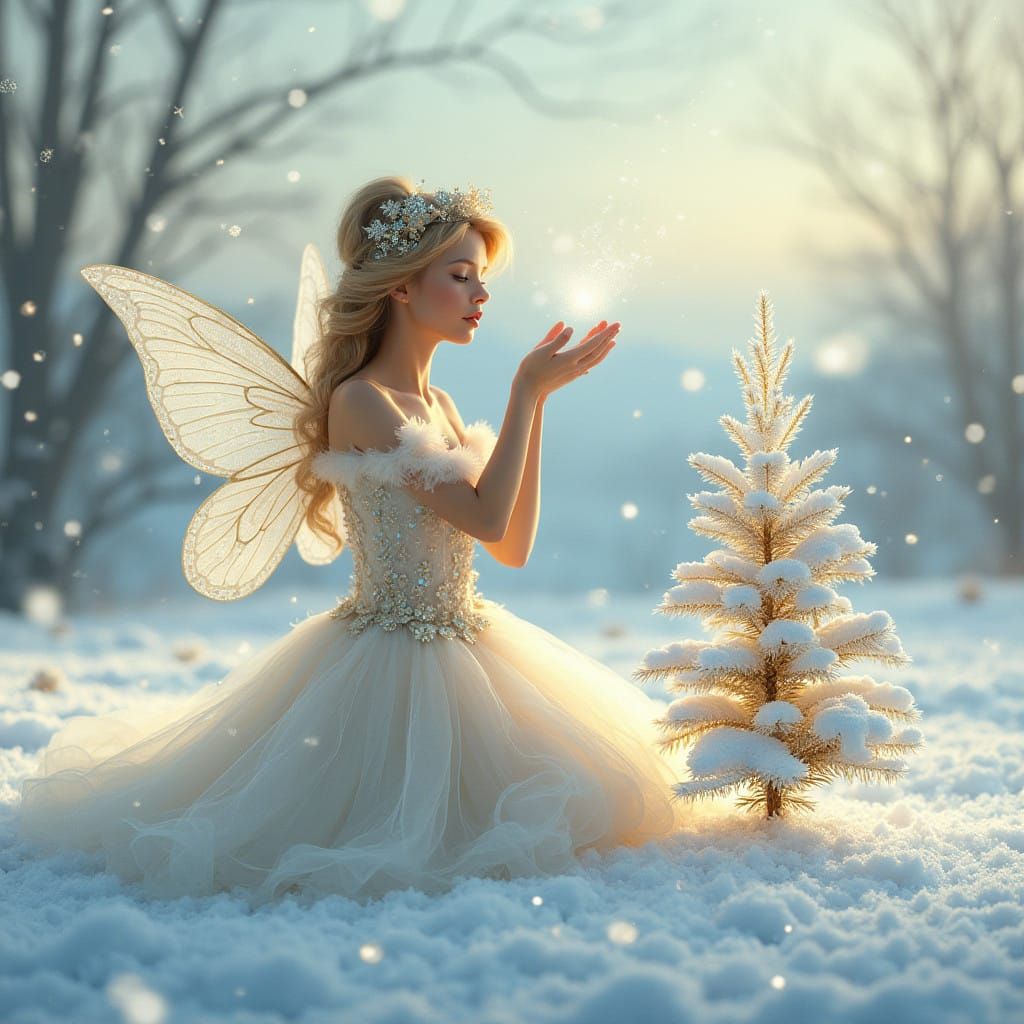 A snow fairy sitting in a snowy field streching up with bare trees and hills and wearing a full train ...  by @undefined