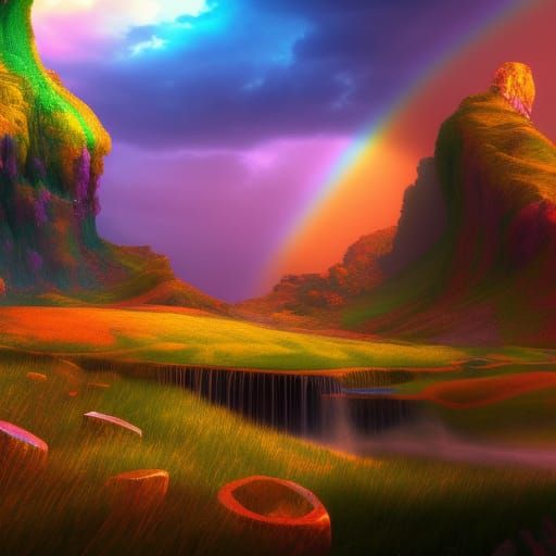 Beautiful rainbow landscape with gold coins