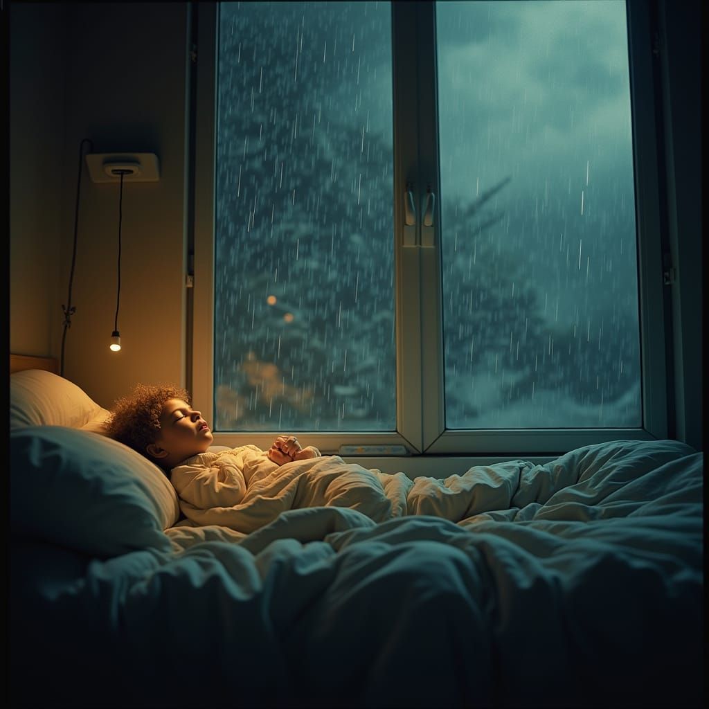 Peaceful Slumber Amidst Turbulent Night, Warm Light on a Sle...