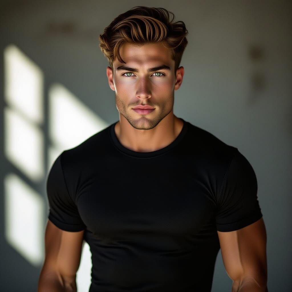 Hyperrealistic Portrait of Muscular Man in Dramatic Studio L...