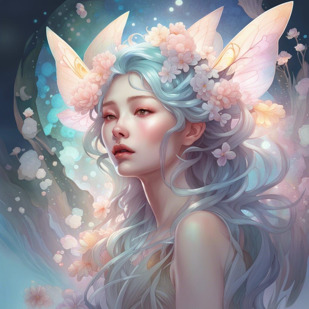 Korean magical fairy pastel iridescent florals goddess water moonlight ...