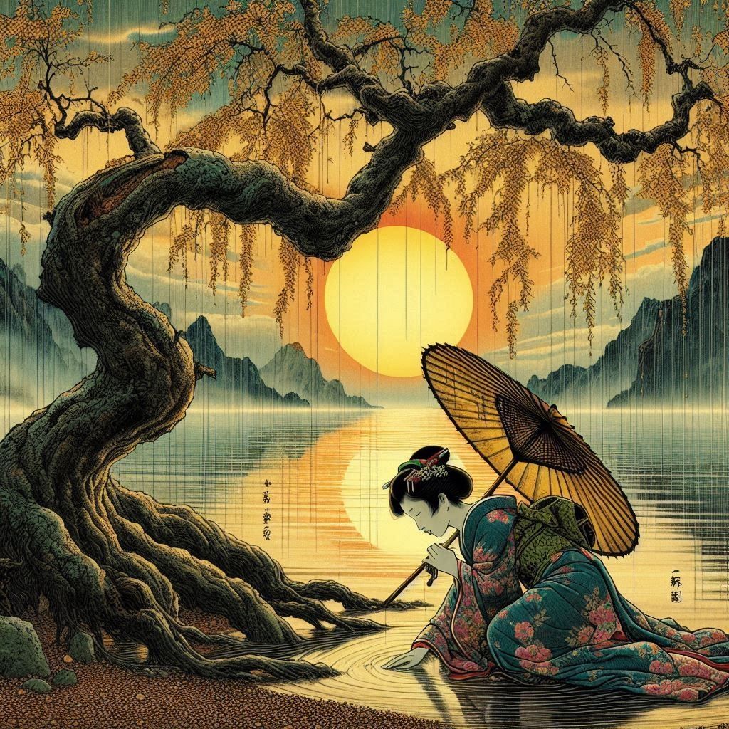 kneeling under a gnarly gingko tree