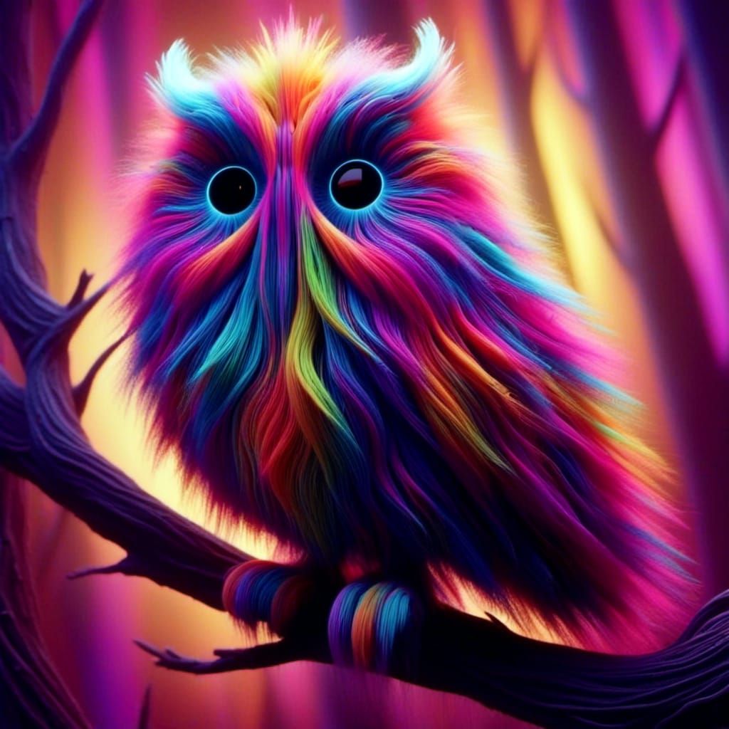<lora:KaleidoFuzz:1.0> a cute colorful fluffy owl sitting on a branch.