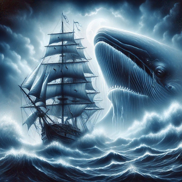 3 Pictures (2/3): A whale attacks a sailing ship. It is dark. The sea is raging. The moon bathes everything in a pale light.