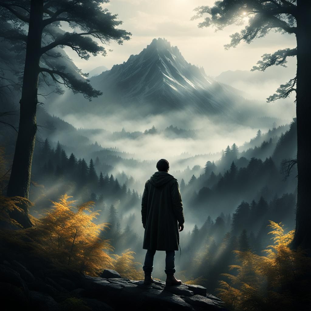 Mysterious Figure at Forest Edge in Golden Light