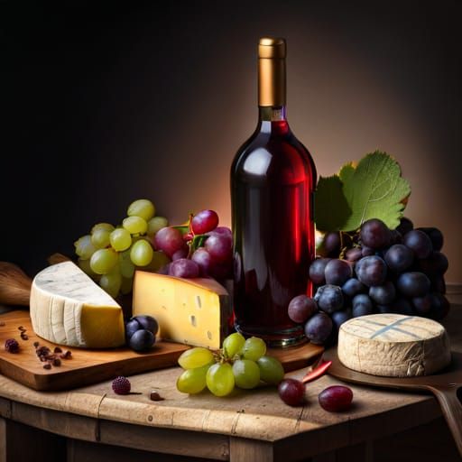 still life with wine, grapes and cheese  by @Vaclava