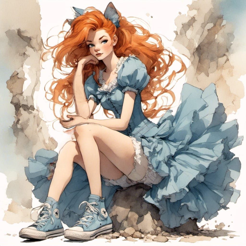 Fox-girl VIXEN, wearing Summer Blue Puff Sleeve Corset Dress Mini and Coverse shoes.
