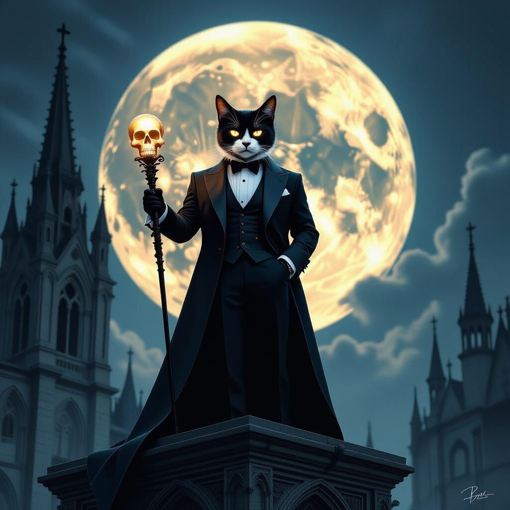 Vampire Cat in Tuxedo on Gothic Cathedral