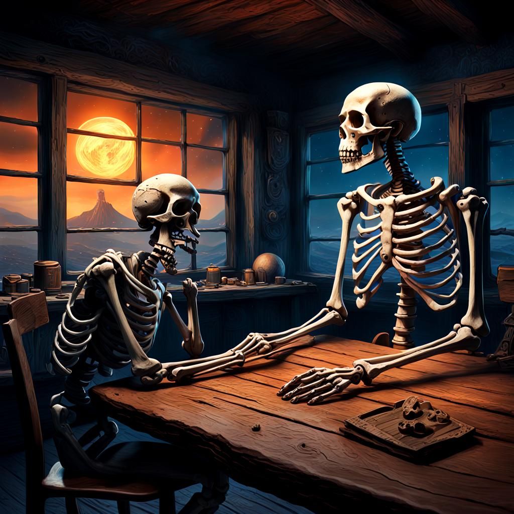 make a skeleton sitting at the table with his hand holding h...
