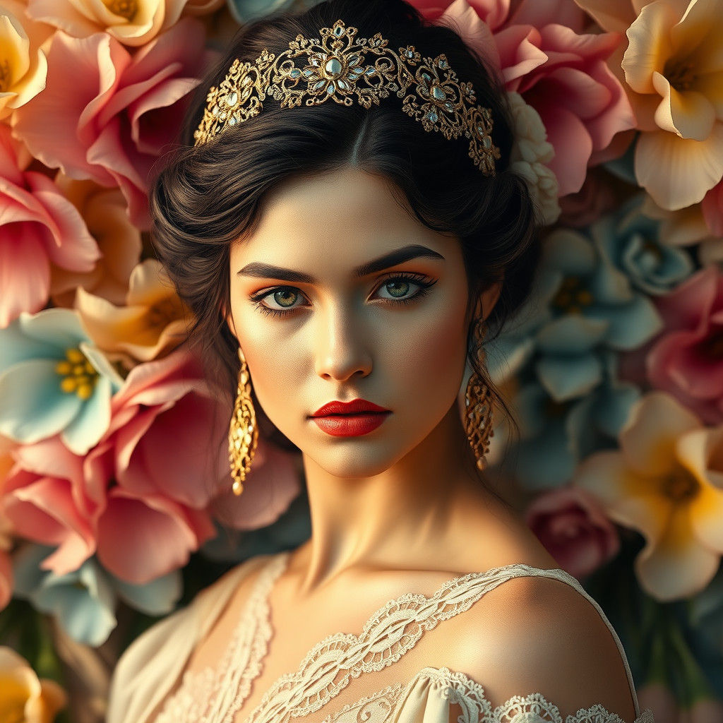 Woman with Floral Backdrop in Art Nouveau Style