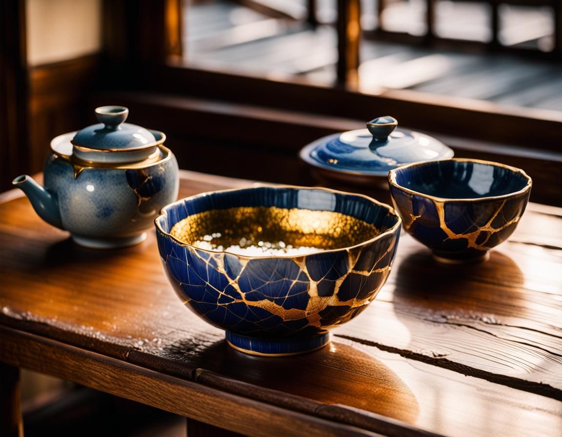 Porcelain repaired with gold using the Japanese art of Kintsugi.   by @Retro Art Factory