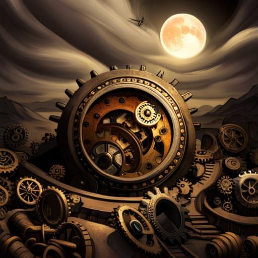 steampunk engine in a dark steampunk landscape, gears, cogs, and wheels, hell, steampunk horror false