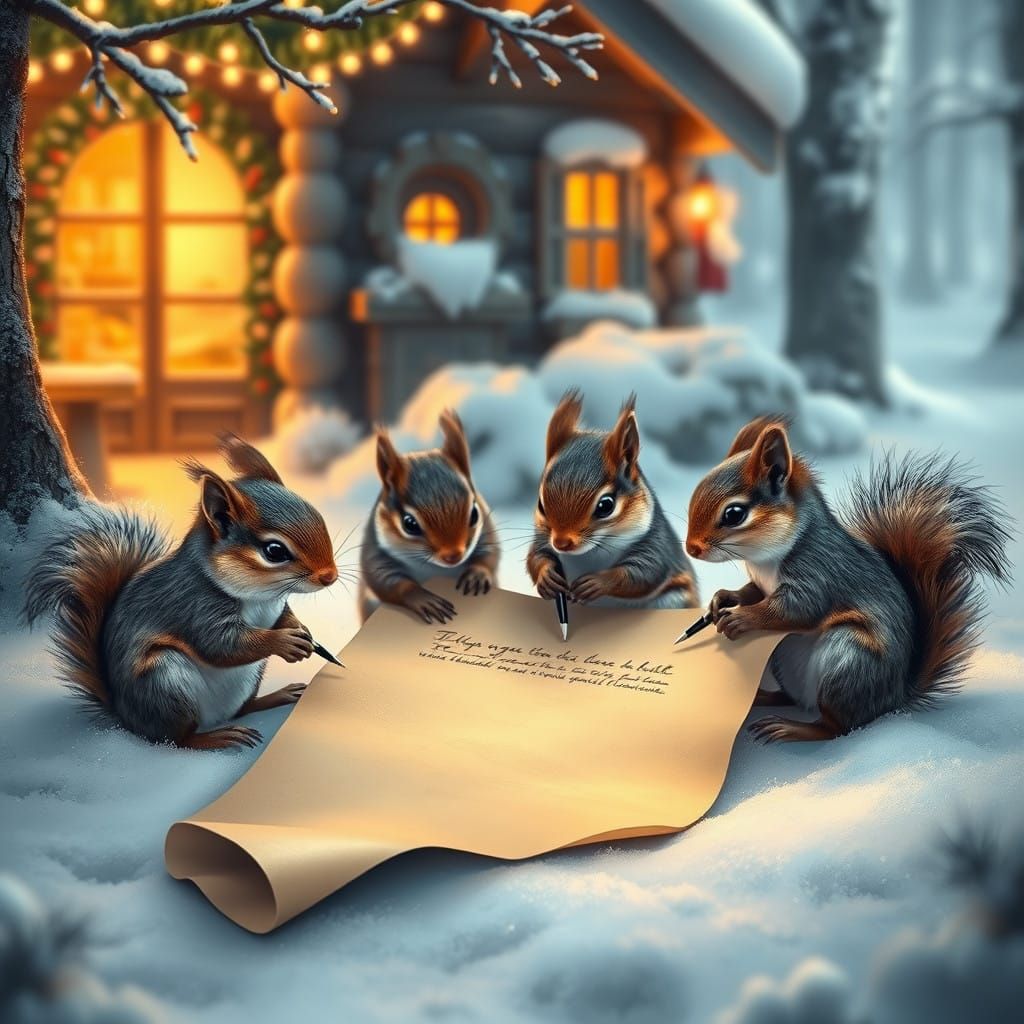 Four Squirrels Write by a Cozy Cabin in a Magical Winter Won...