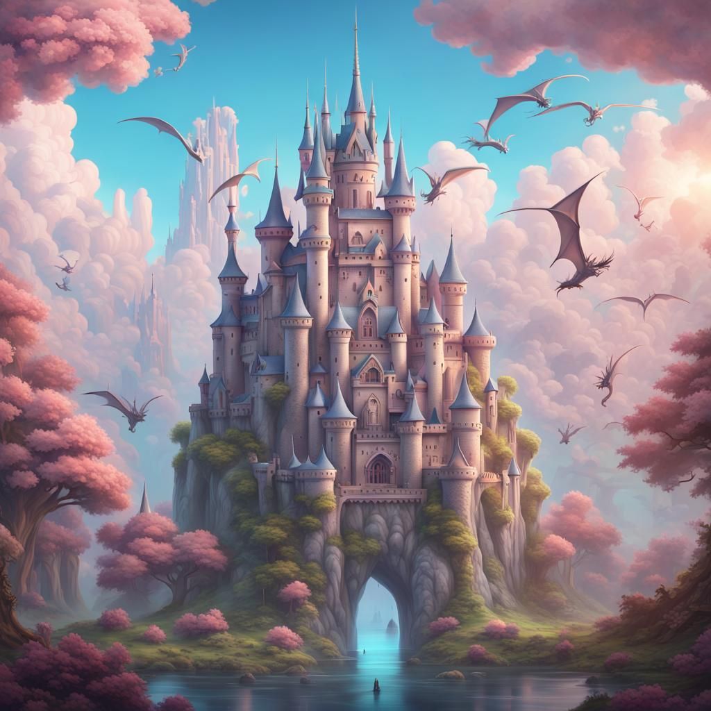 Castle surrounded by dinosaurs