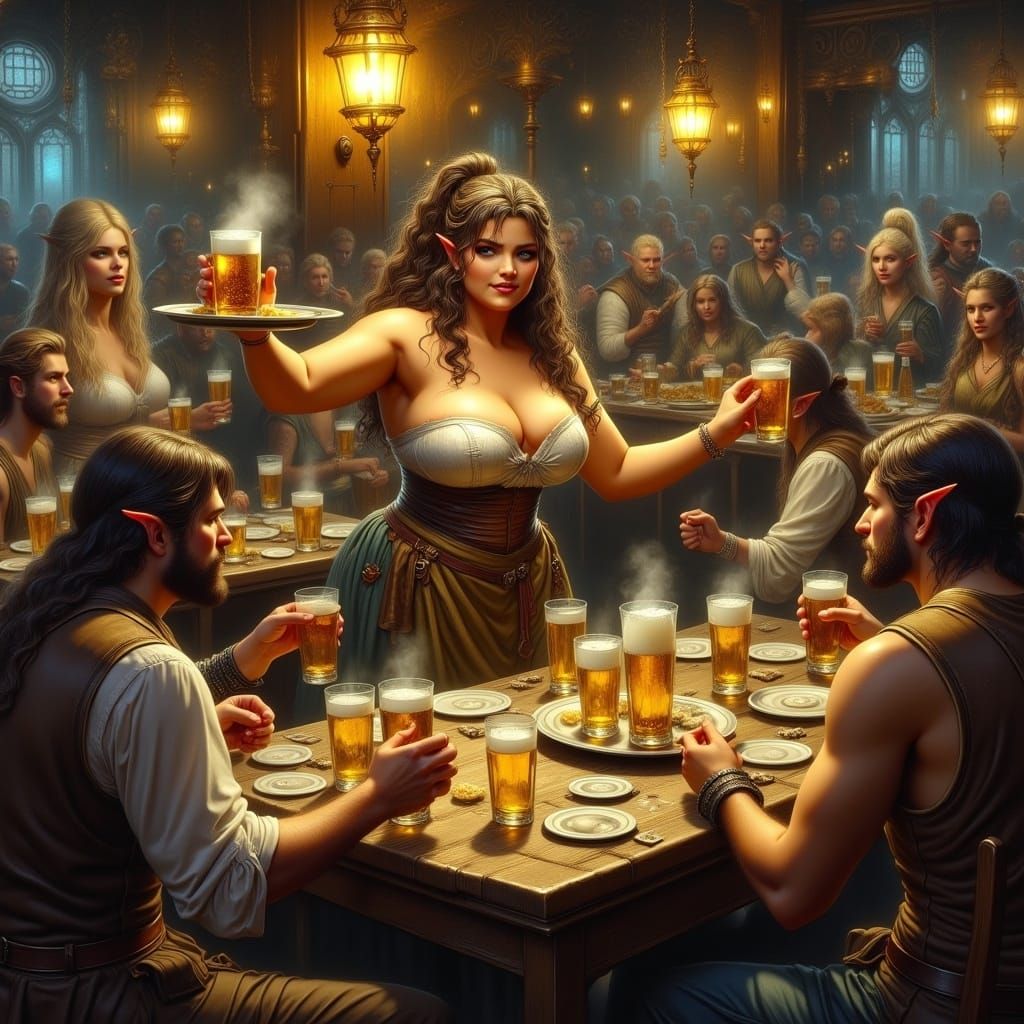 A tavern-girl serving a table of rough looking elves.