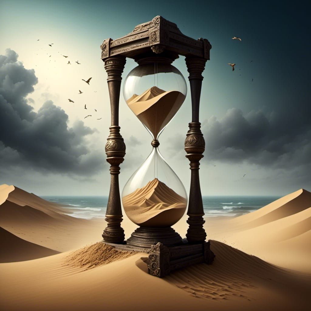  <lora:P214:1.0> An ancient hourglass with sand suspended in mid-air