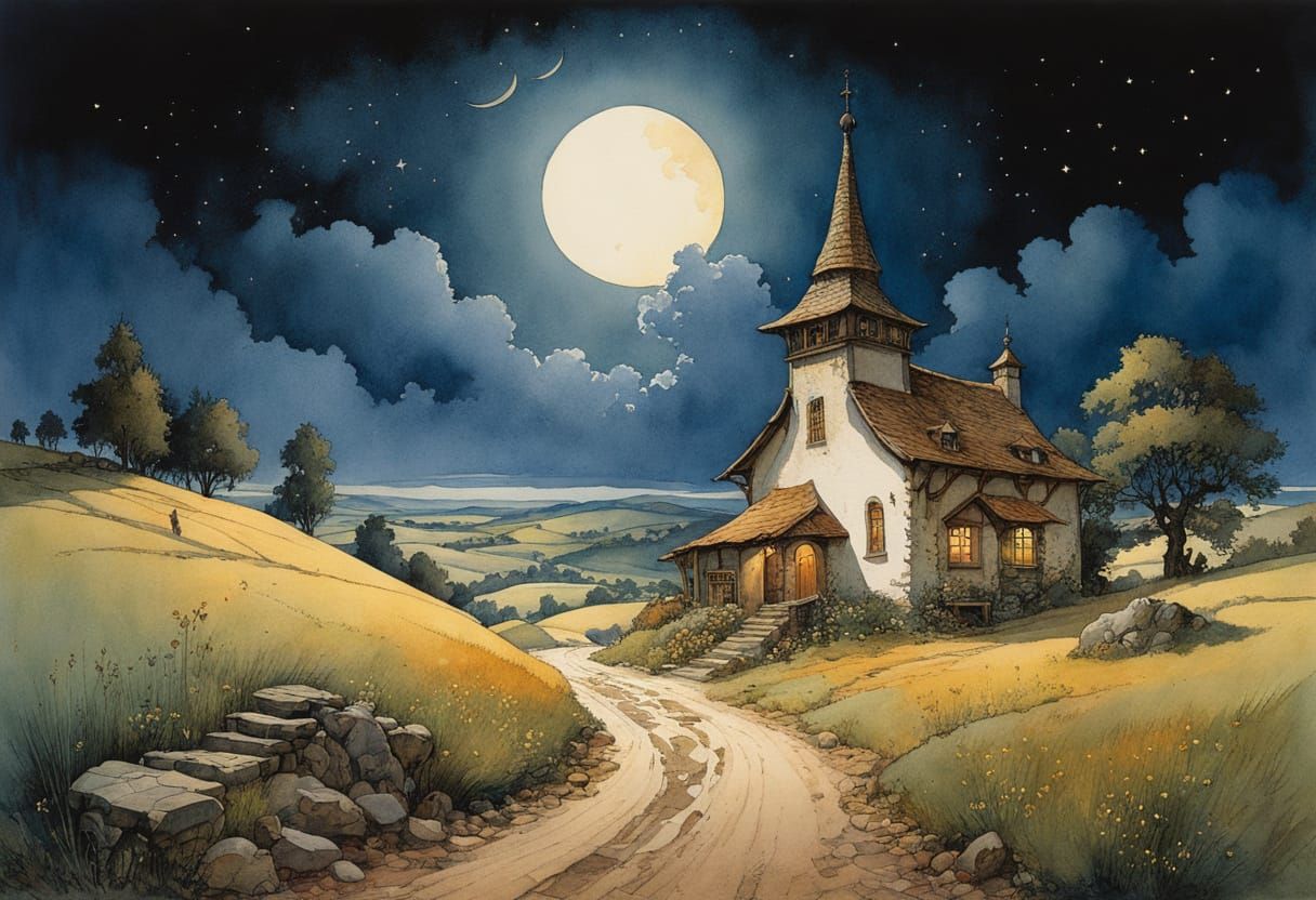 Night Village Illustration in Storybook Style
