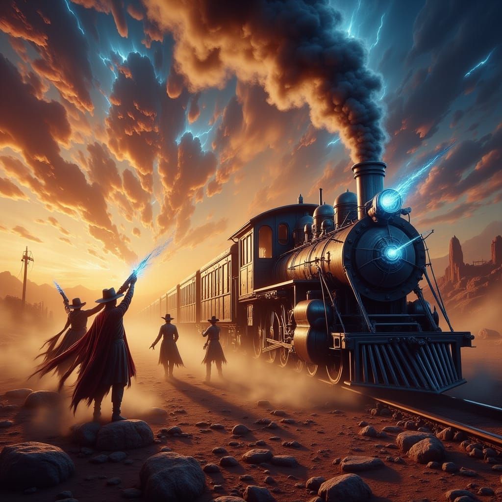 <lora:-Omnious-:1.0> Old wild west train robbery with aliens
