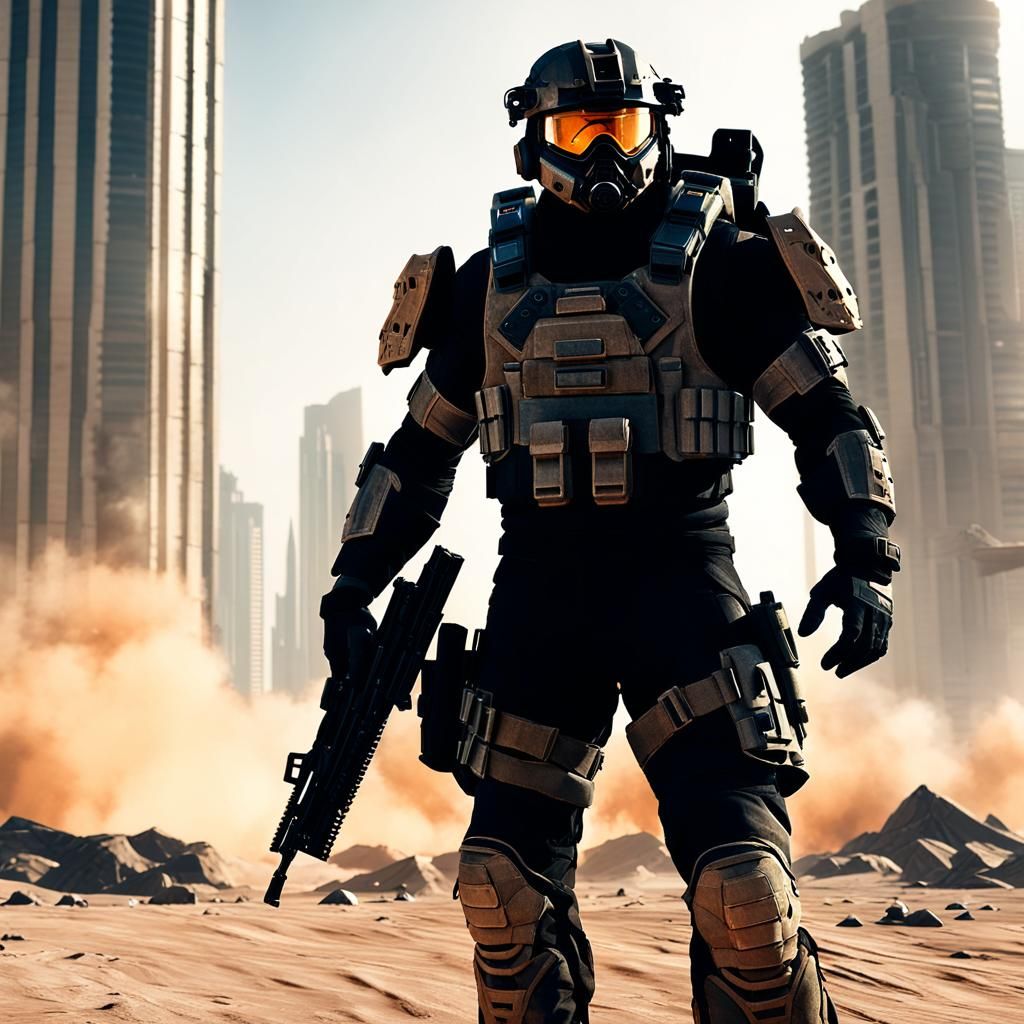 Male soldier black  body armor halo marine in apocalyptic de...