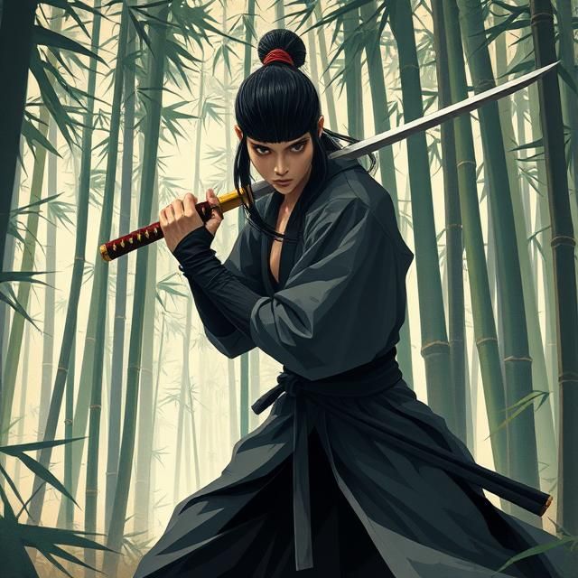 Sensual Samurai in Bamboo Forest, Editorial Illustration Sty...