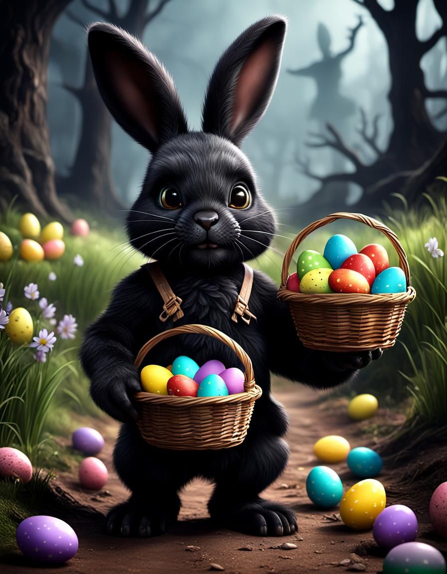 Adorable black Easter Bunny carrying a basket of easter eggs...