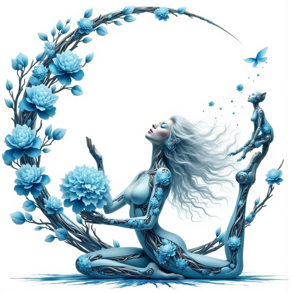 A graceful <lora:BiomechFloraFusion:1.0> 
 woman holds a crescent moon pose, her body blending with metallic bluebells and hydrangeas, paint...