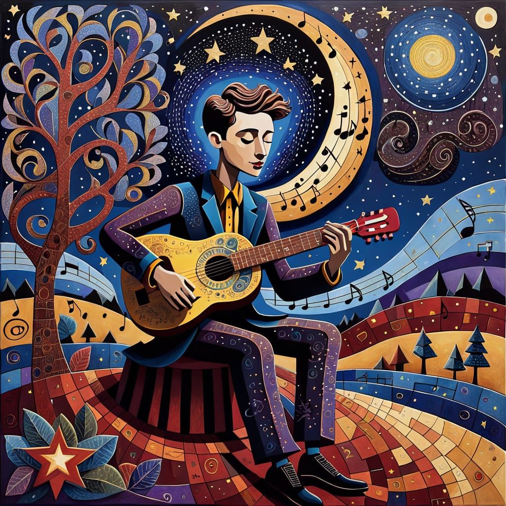 Boy Plays Guitar Under Starry Sky, Naive Art Style