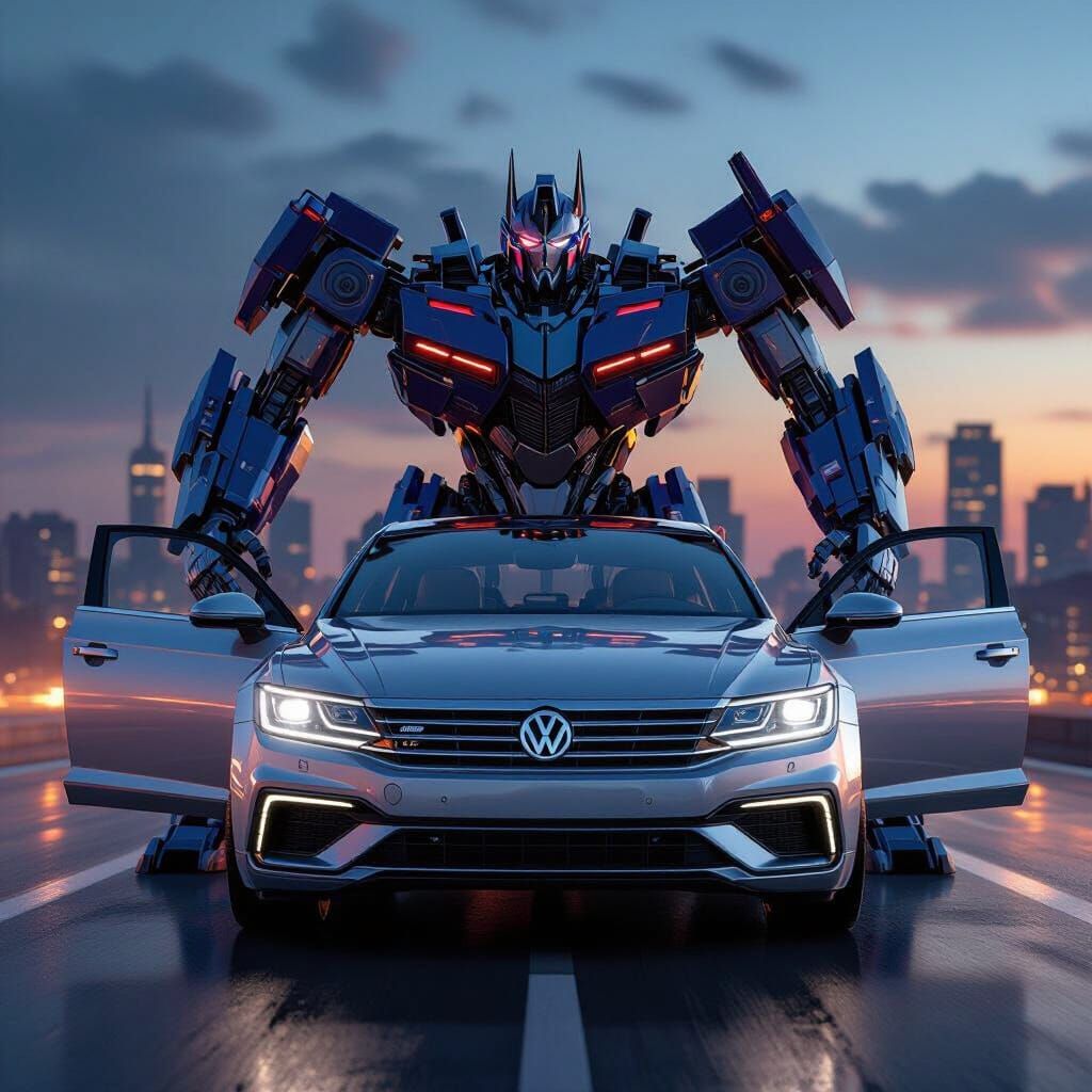 Volkswagen Phaeton transforming into a heroic Autobot robot, futuristic and cinematic, inspired by Michael Bay Transformers movies. Ultra-hi...