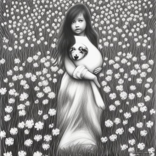 B & W drawing of a girl holding a puppy in a field of flower...