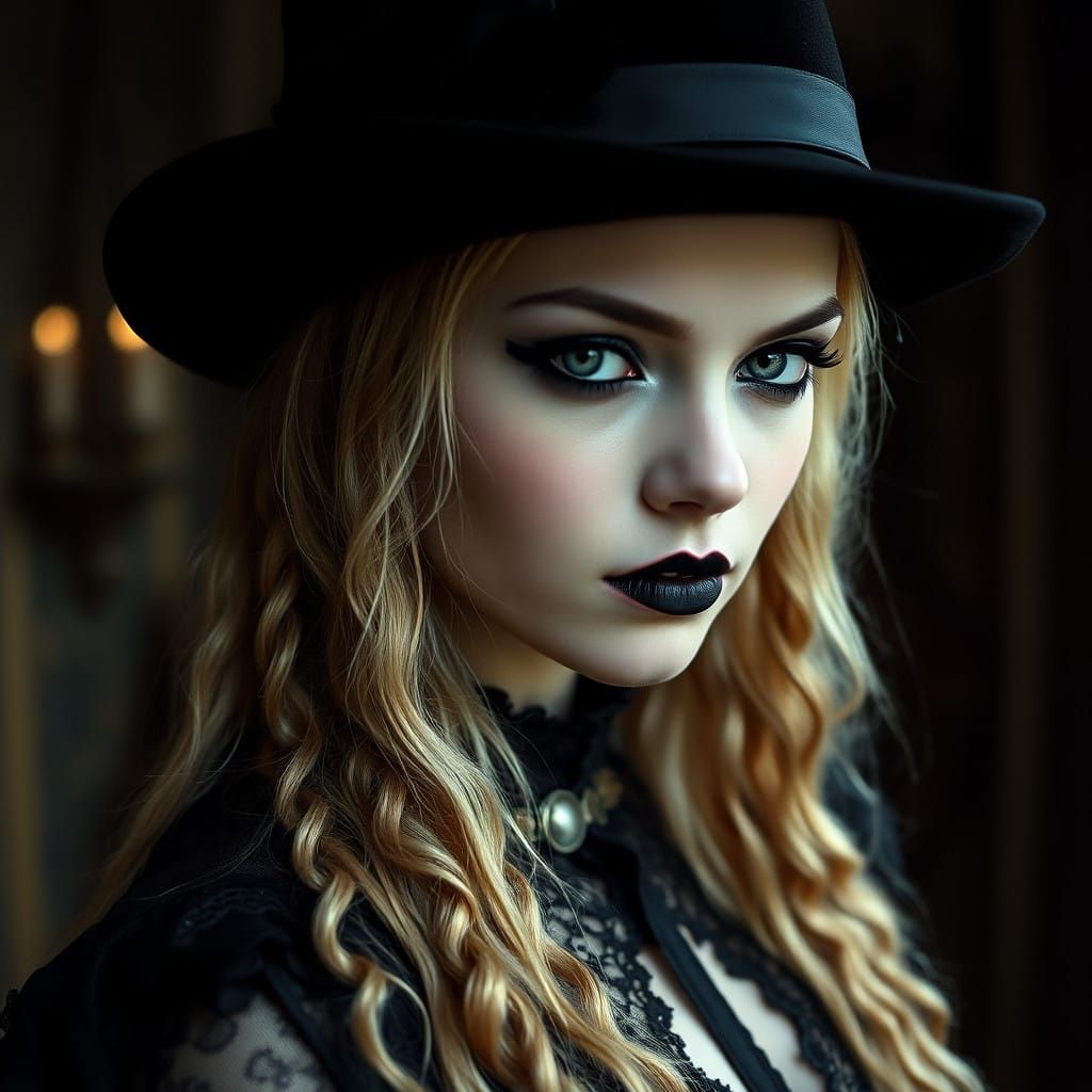 A young woman, long blonde crimped hair, pale skin, and intense eyes. She wears gothic-inspired attire ...  by @Wolf
