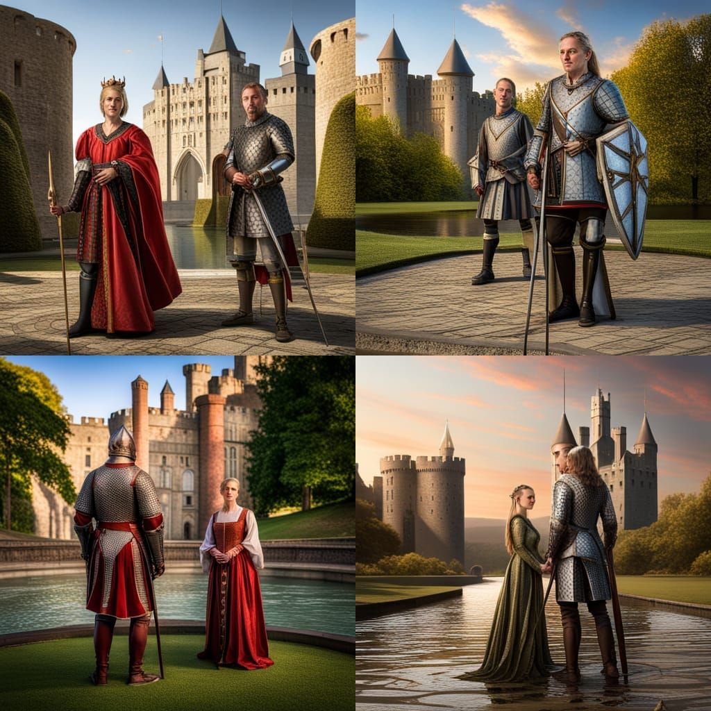 Male and female Tudor knights in full regalia with an enormous castle ...