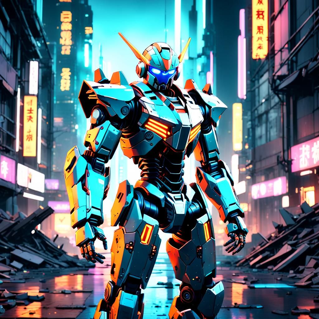 Futuristic Robot in Ruined Cityscape: Anime Style