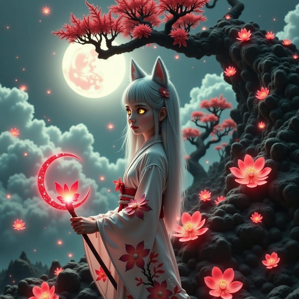 A young girl with piercing yellow eyes and fluffy wolf ears, surrounded by a halo of soft, ethereal light, stands atop a mist-shrouded mount...