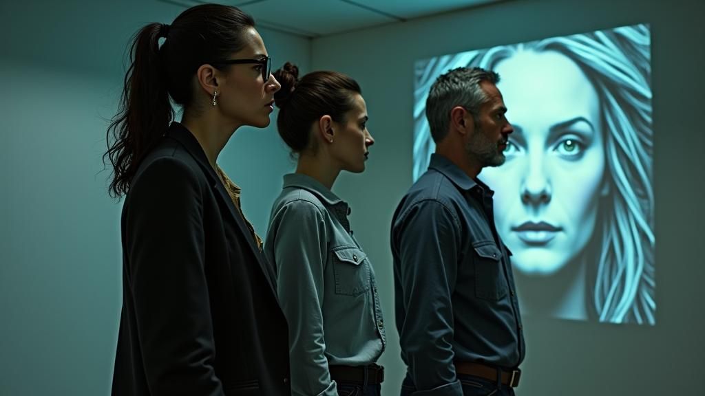 Evelyn, Samantha, and Dr. Foster, faces hardened with resolve, turn away from the AI's tempting visions. The projected images glitch and dis...