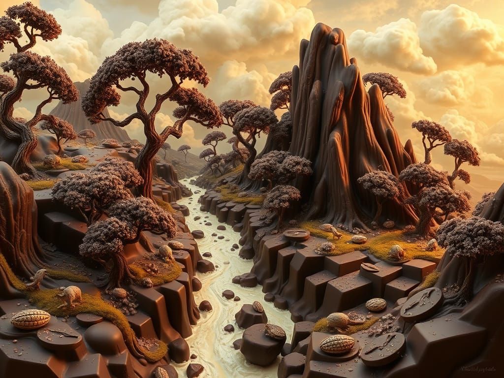 A fantasy scene made entirely of chocolate—milk, dark, white chocolate, trees, rivers, and creatures included.