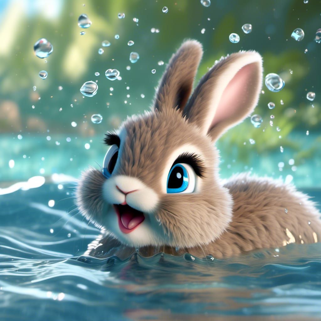 Adorable Cartoon Rabbit Laughing in Water