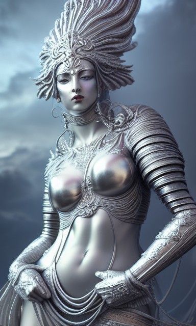 Gorgeous goddess in full silver armor