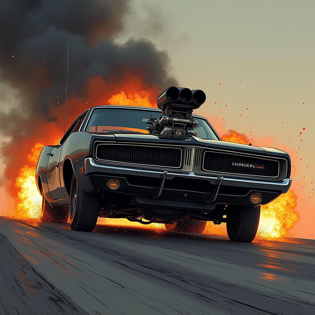 1969 Dodge Charger burning out with fire coming off the tires