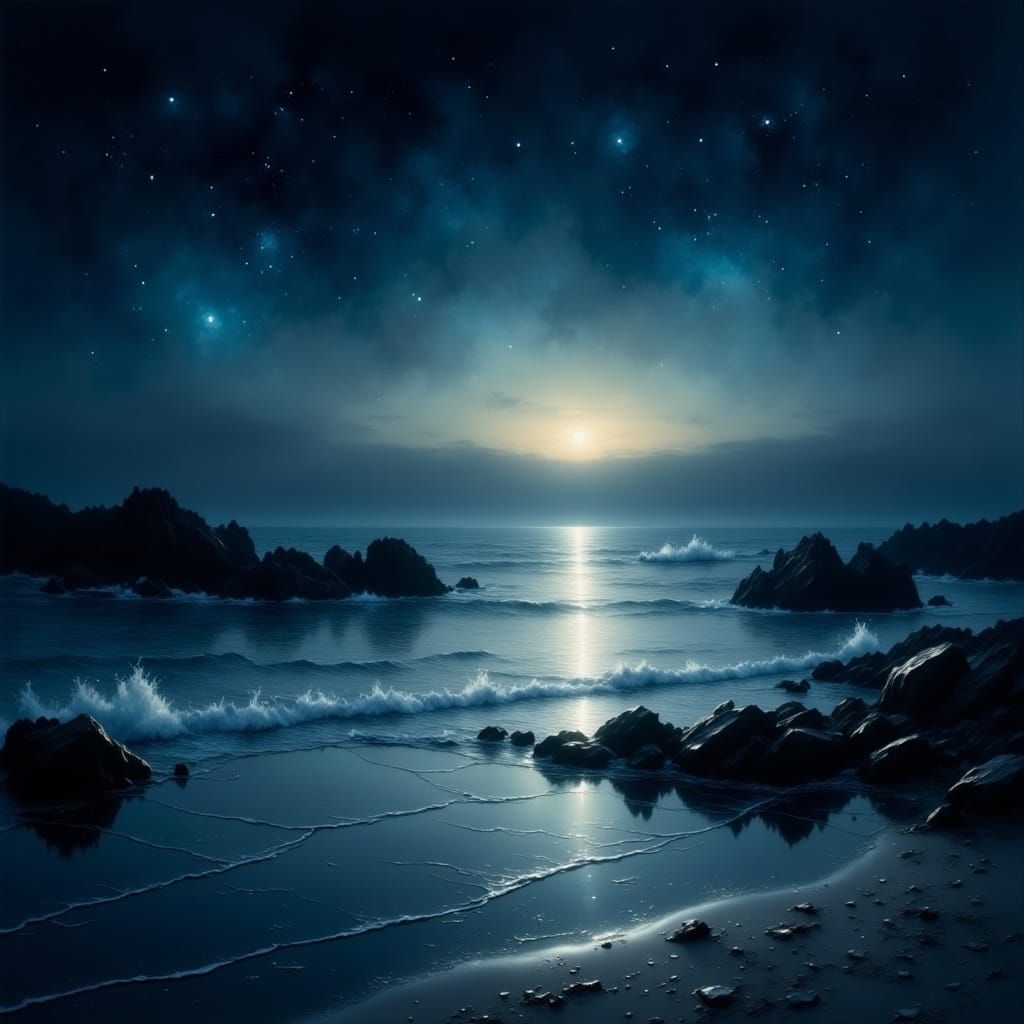 <lora:Oil of the heart:1.0> Hyper realistic oil painting. Wide shot. Serene moment before dawn over a little harbour inlet with stars twink...