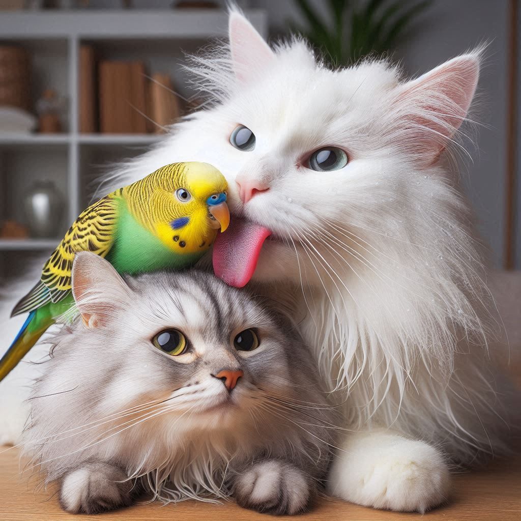 an adorable angora cat and australian parakeet
