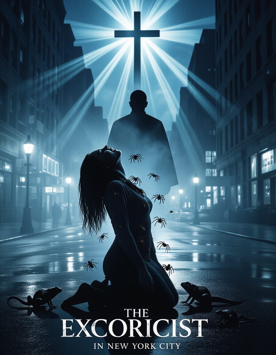 A sinister reinterpretation of The Exorcist poster, set in New York City at night. Wet, reflective streets ...  by @Charlie Brown