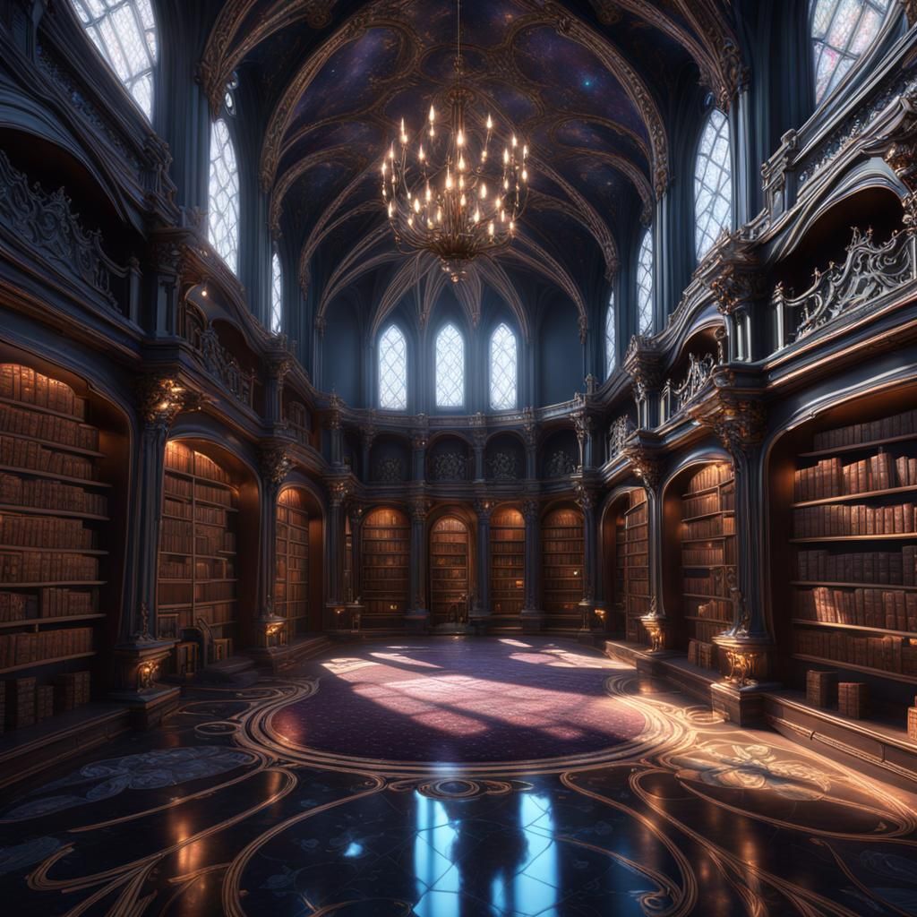 Large galaxy inspired gothic rococo library with reflective ...