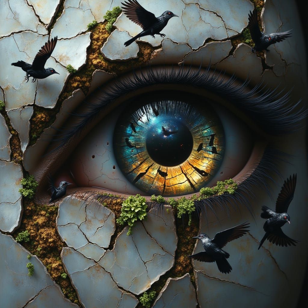 <lora:Fractured Gaze:1.0> A close-up portrait of an hollow gaze, the ancient stone is made out of fractured mirrors with elements of moss o...