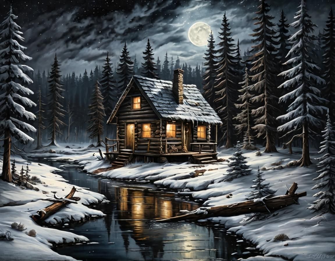 an old lumberjack cabin walking on the moon in a snowy winterwood with ...